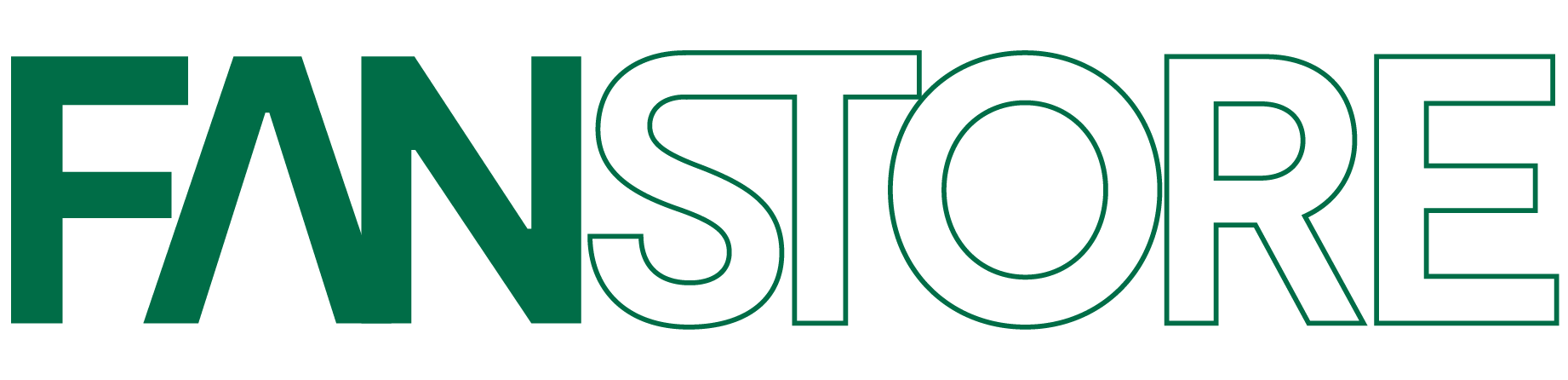 Logo da FANSTORE, com a palavra 'fan' em verde e 'store' transparente contornado em verde.